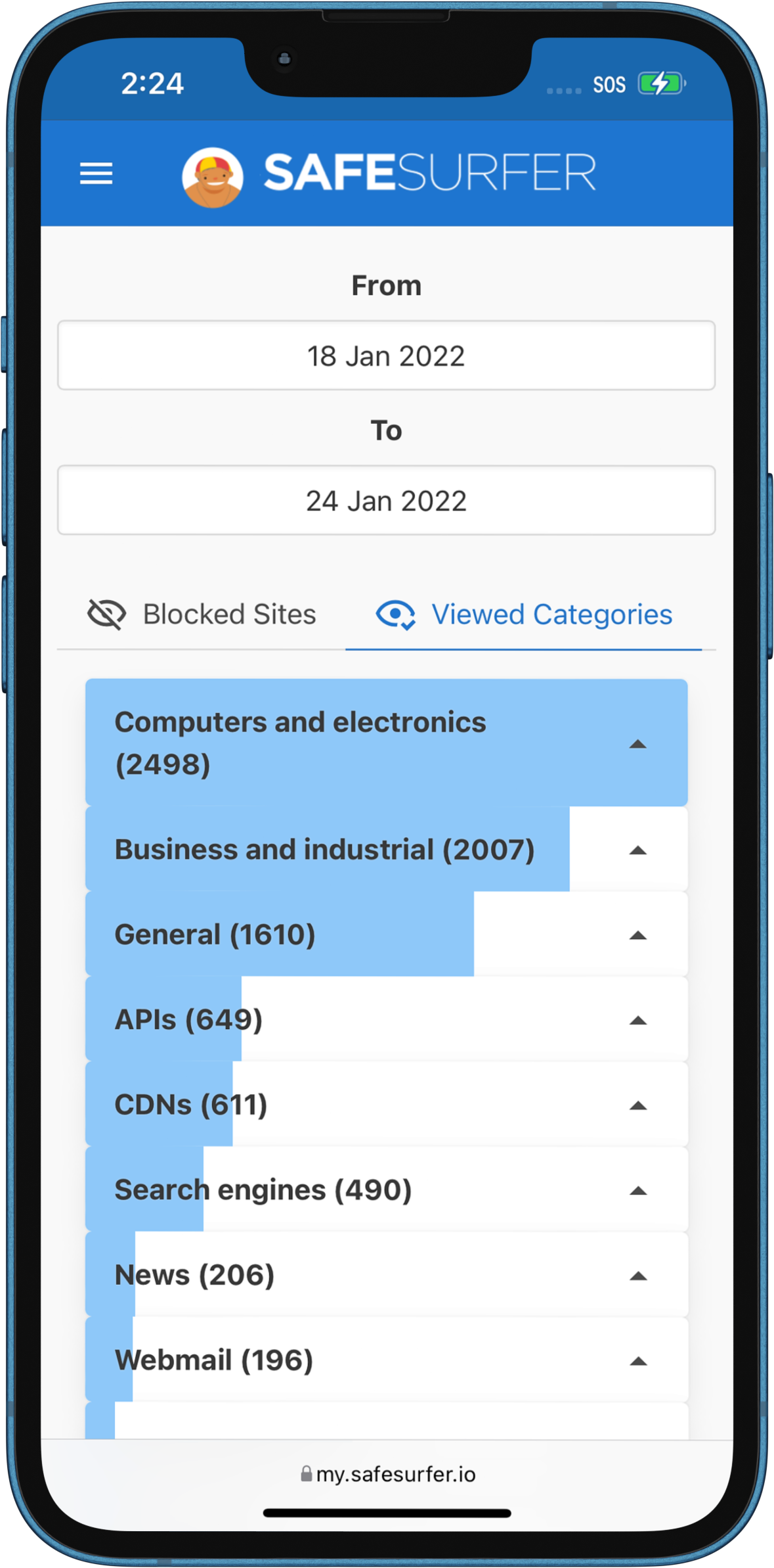 iPhone showing Safe Surfer internet history user interface, with recent activity for Computers and Electronics, Business and Industrial, General, APIs, CDNs, Search engines, News, and Webmail