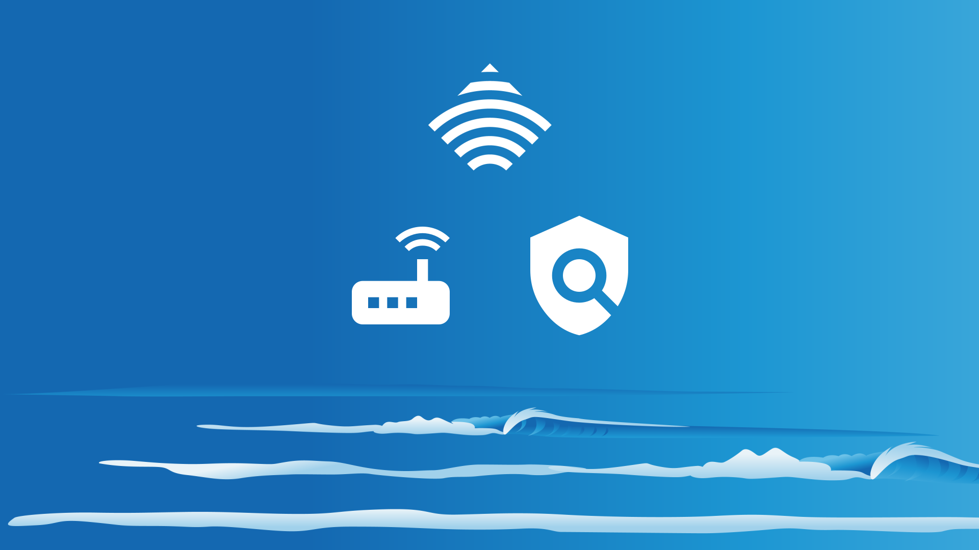 Sea background with Netcomm logo and wireless router icon